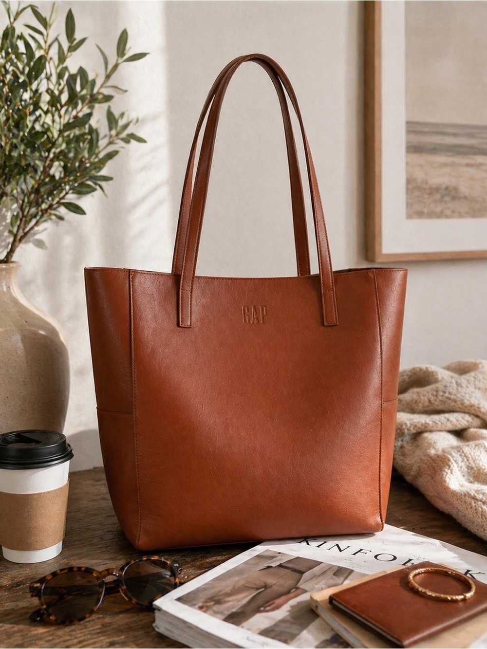 GAP Brown Large Tote Bag | Rich Cognac Tone | Structured Minimal Carryall